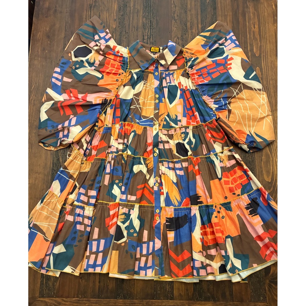 Love Highlight Abstract Tiered Dramatic Balloon Sleeve Mini Swing Dress Size 3XL